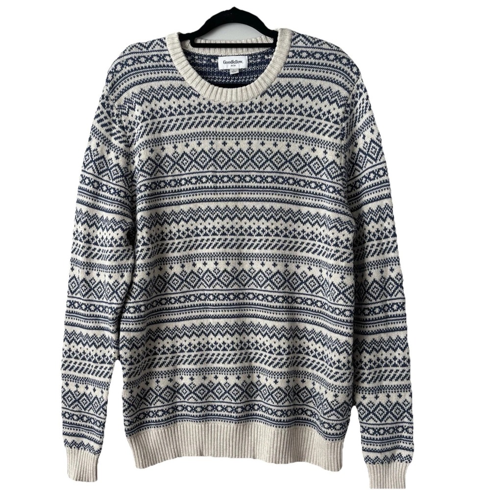 Mens Fair Isle Sweater 100% Cotton Navy Blue‎ Beige Sz L Grandpa Preppy Academia